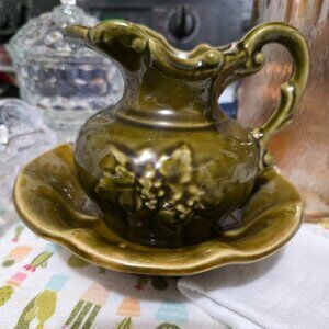 Vintage McCoy Pottery small avocado green water pitcher and basin set